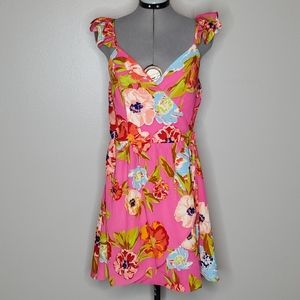 GB hot pink floral wrap dress L w flutter sleeve